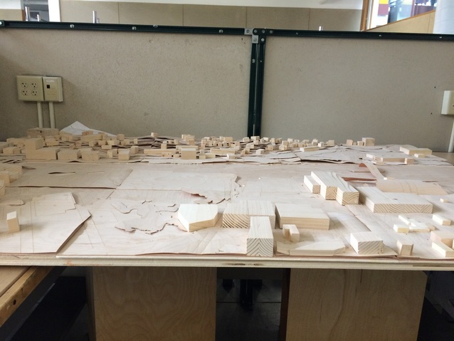 A wooden work table at the Roger Williams University School of Architecture.